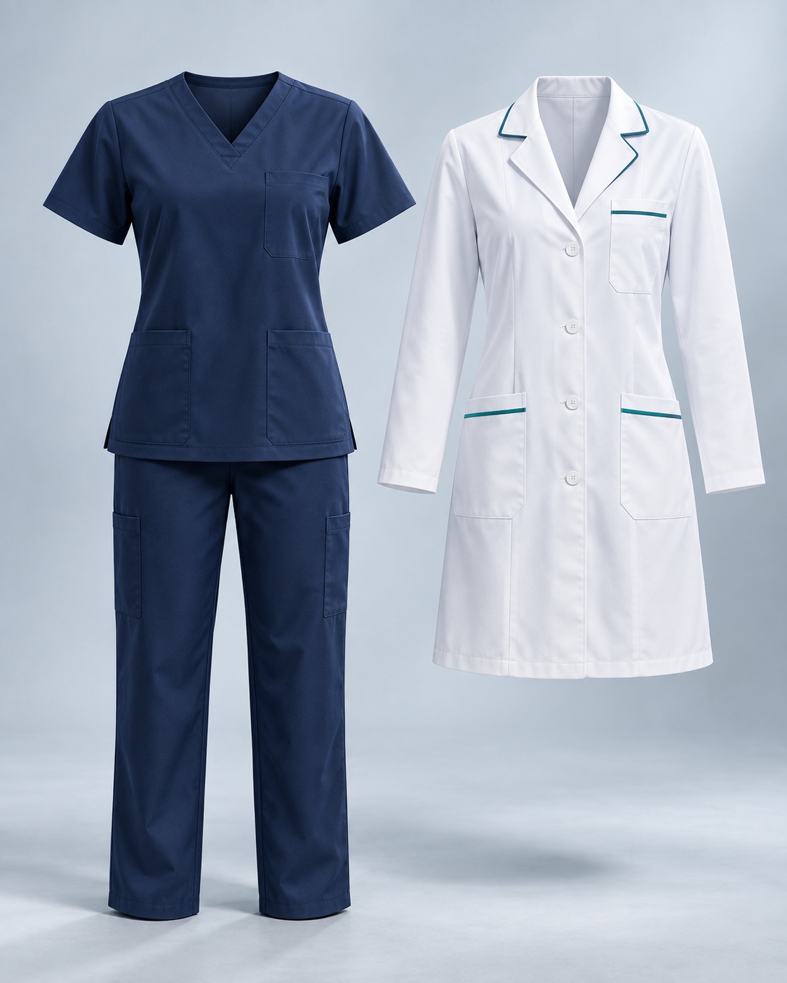Navy medical scrubs and a white healthcare coat