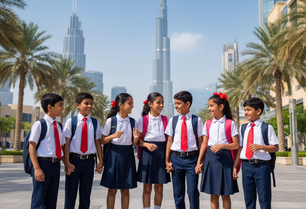 A group of school children in coordinated navy and white uniforms