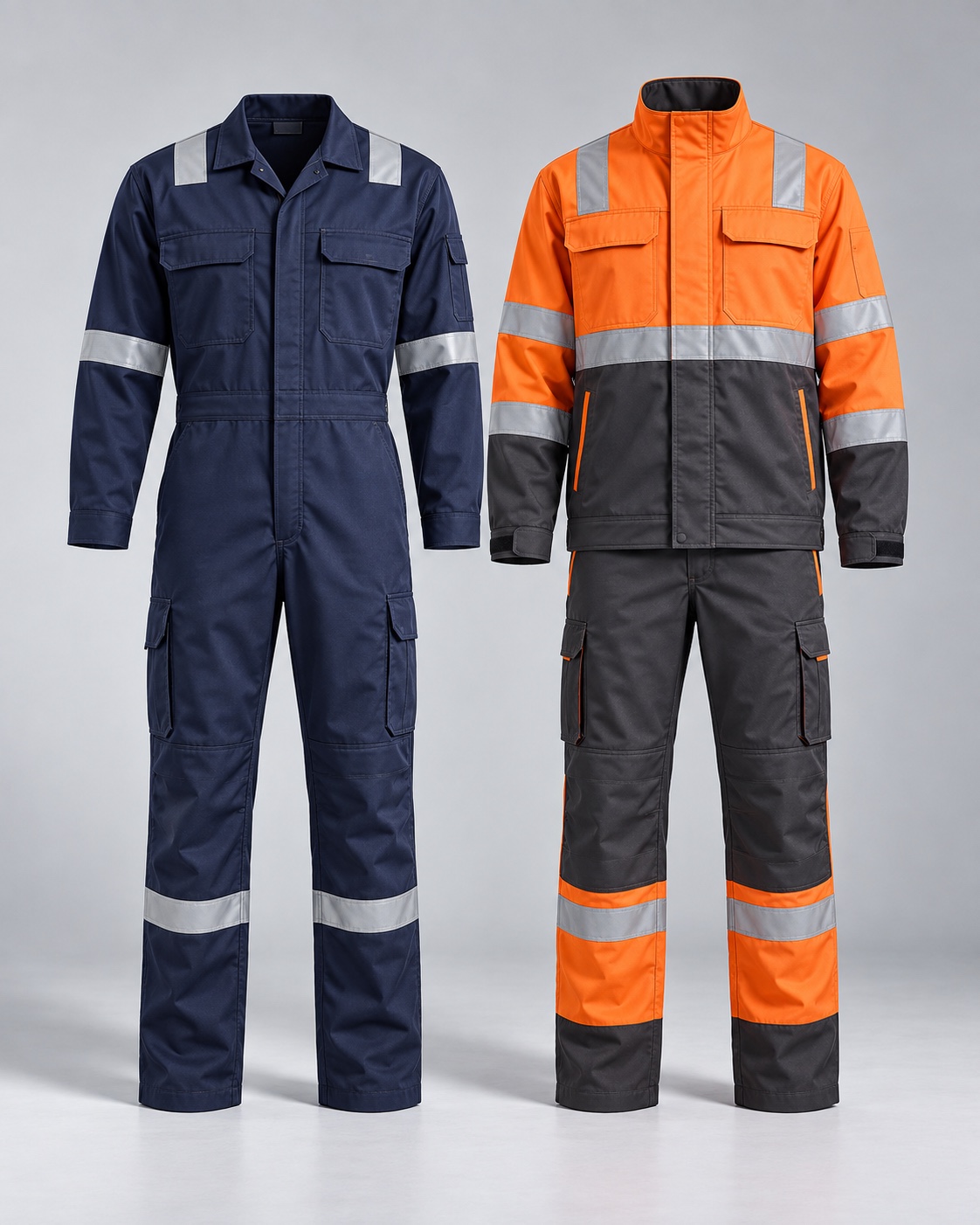 Navy coverall and orange high-visibility industrial uniform