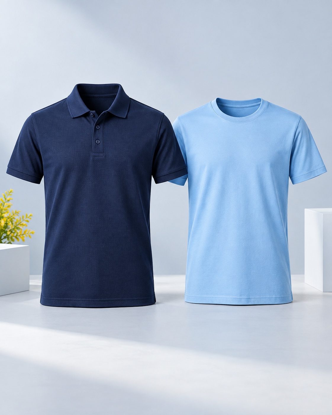 Navy polo shirt and sky-blue round-neck T-shirt in a studio setting