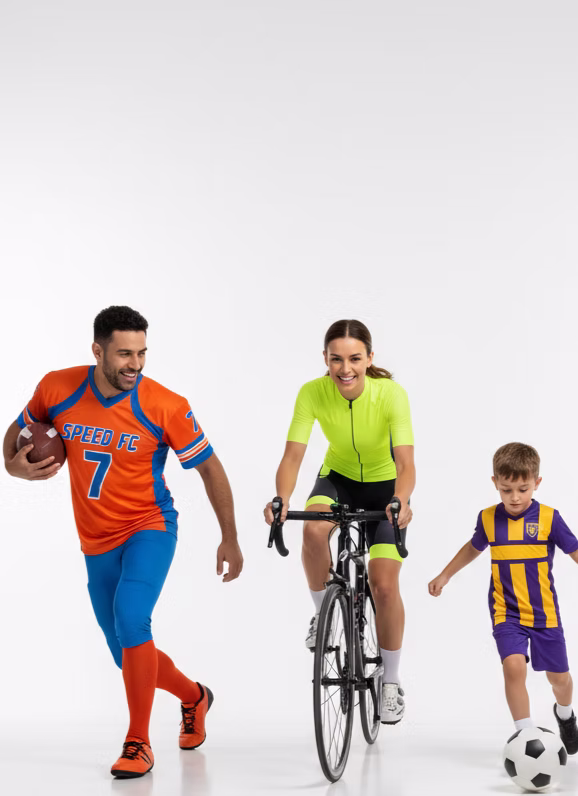 Children and adults wearing coordinated football sportswear